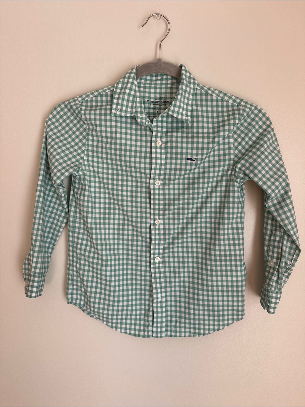 VINEYARD VINES Boys Green White Plaid Performance Long Sleeve Button Up Size 6